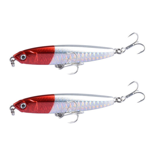 Two hard bait sinking pencil lures, red and silver bodies with twin treble hooks