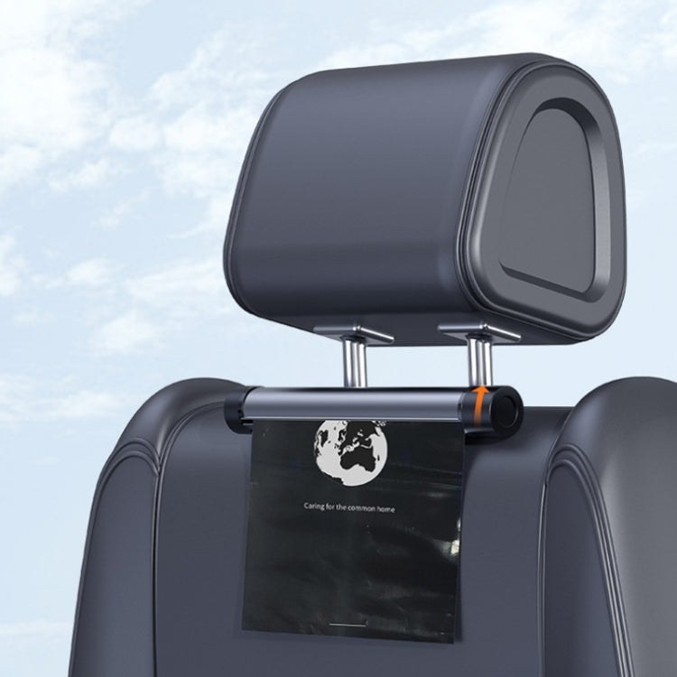 Titanium grey car mounted garbage bag organizer on seatback with black bag