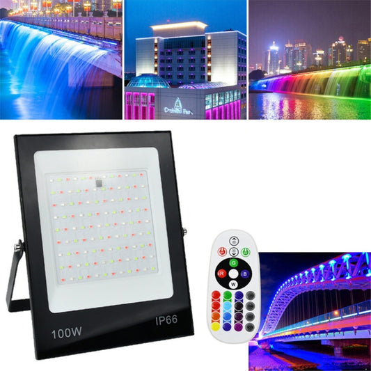 RGB LED flood light with remote control, IP66, black square housing and stand