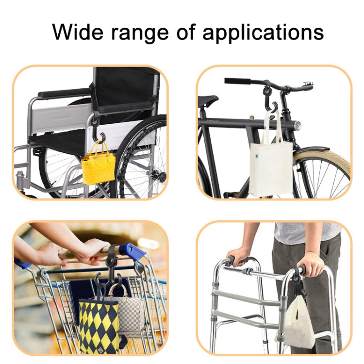 Two stroller hooks with gray straps holding hanging bags on a mobility chair