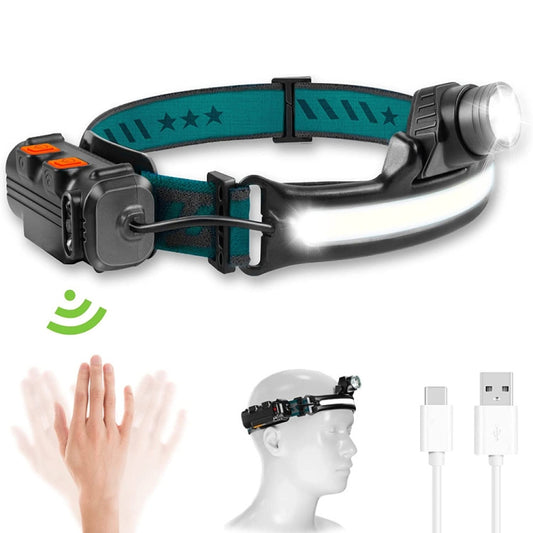 Rechargeable headlamp flashlight with elastic teal headband and bright front light beam