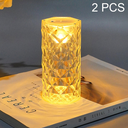 Set of yellow faceted crystal LED bedside lamps with cylindrical shade