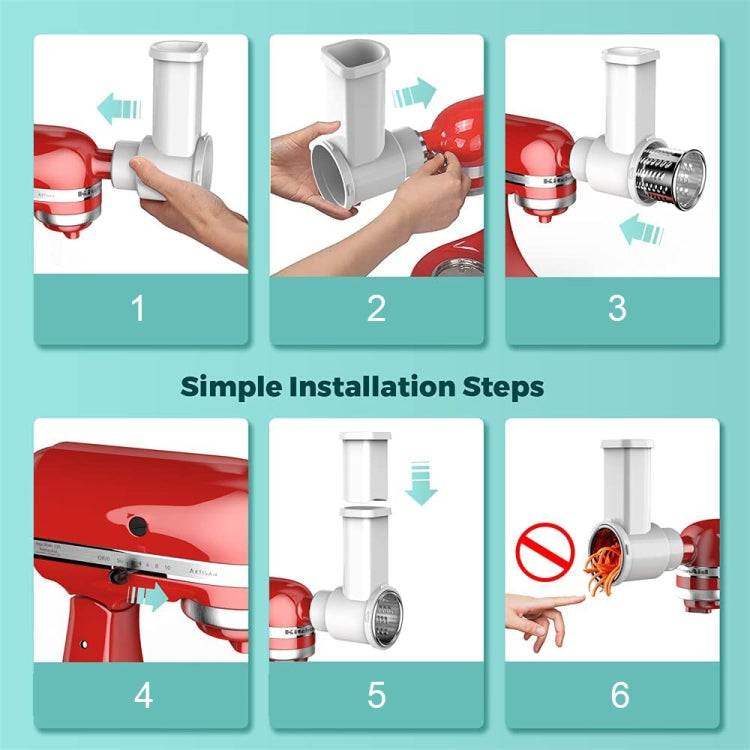 3-in-1 vegetable cutter attachment shown being installed on red stand mixer, KA-006