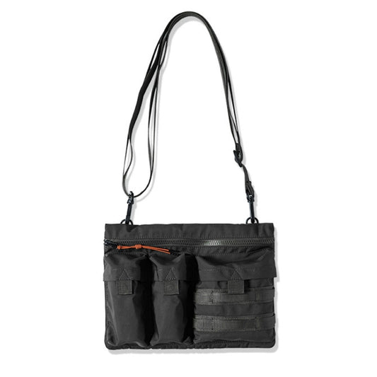 Black single-shoulder messenger bag with multiple front pockets and zip closure.
