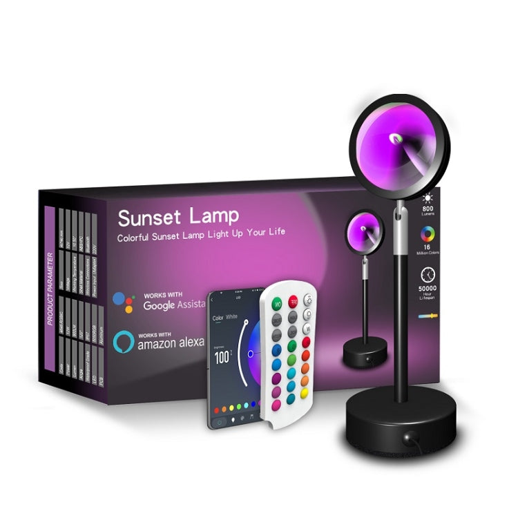 RGB sunset lamp with aluminum head and black base, shown with retail box