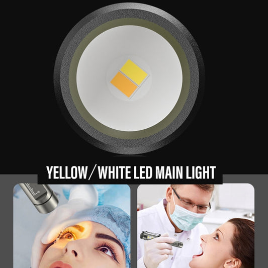 Rechargeable medical penlight flashlight showing a circular yellow-white LED beam