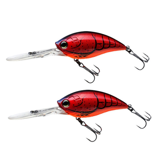 2-piece plastic crankbait lures, red with black markings, with treble hooks