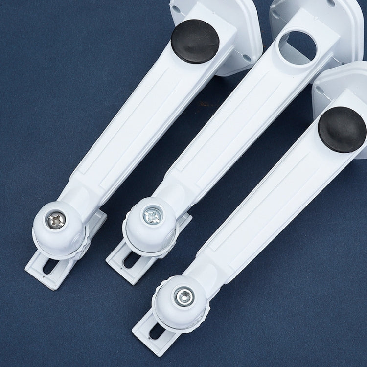 Close-up of white aluminum camera mounting brackets with swivel heads and screw holes