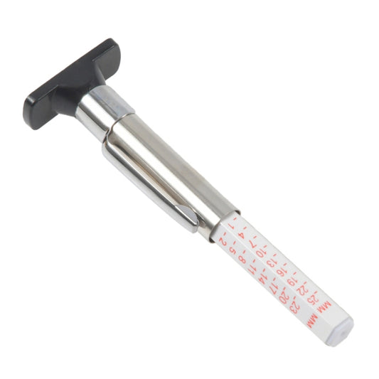 Tire tread depth gauge with black lever handle, silver shaft, red/white scale (0–25mm)