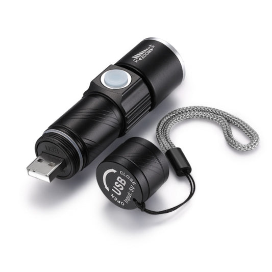 Black UV flashlight identification detector with USB port, lanyard cord, and top blue button