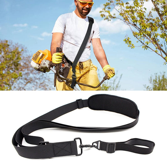 Black adjustable lawn mower shoulder strap with padded support and buckles