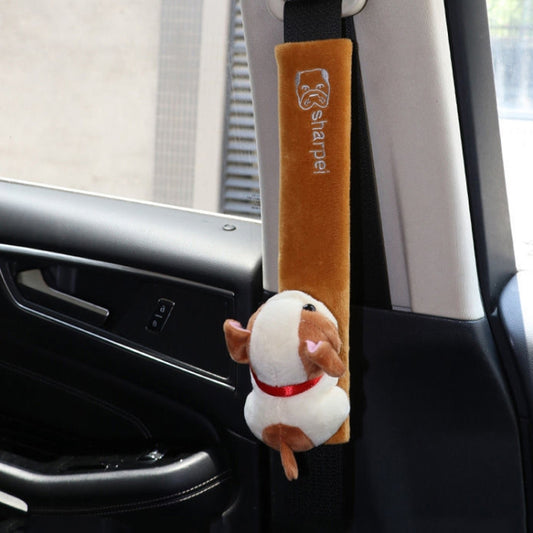 Brown cartoon dog plush seat belt anti-strangling cushion with strap pad and clasp