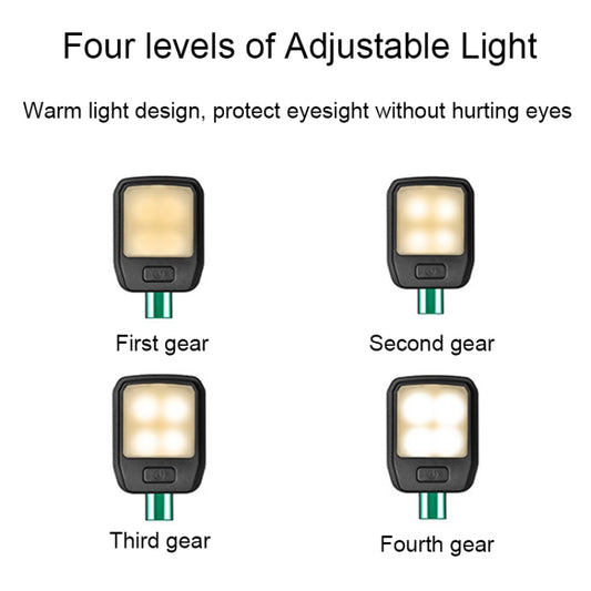 Book clip light showing four adjustable light levels on a square LED window