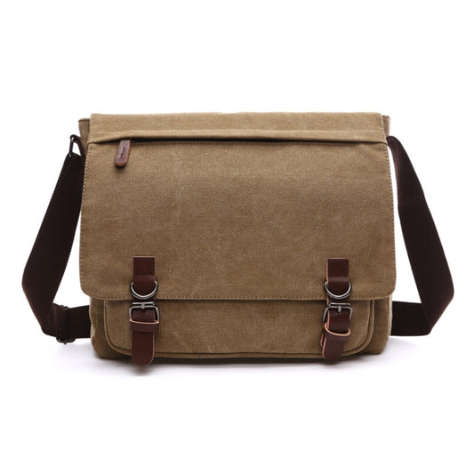 Khaki canvas messenger bag with flap, front buckle straps, and adjustable shoulder strap.