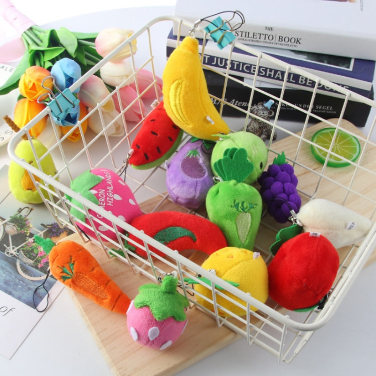 Assorted plush fruit bag pendant keychains in a white wire basket.