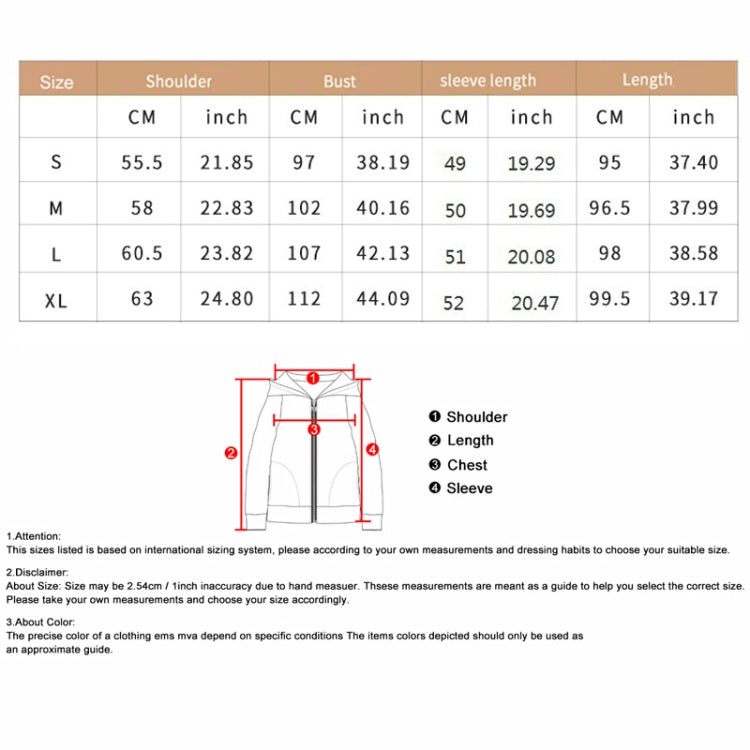 Size chart diagram for hooded knit cardigan with CM and inch measurements