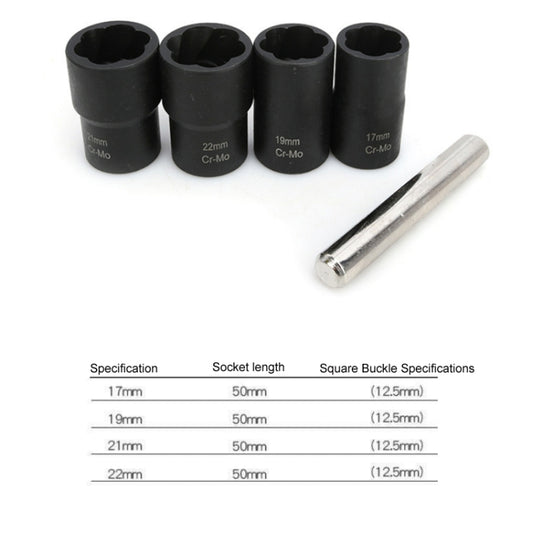 Set of four black socket wrenches with size markings and chrome square-drive extension