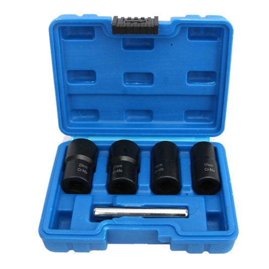 4-piece tire nut removal socket wrench set in blue storage case with four black sockets