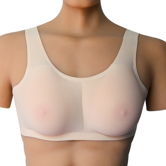 Silicone fake breast vest in skin-tone mesh, front view scoop-neck with molded cups
