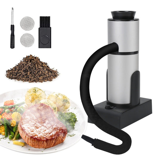 Handheld smoke maker with stainless cylinder, black base and curved hose