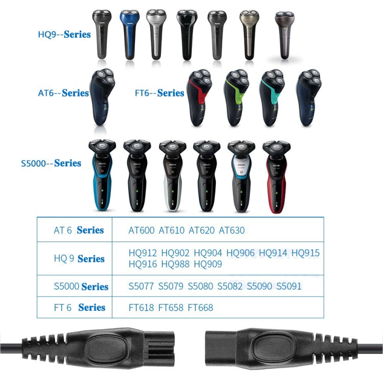 Black charger cable connectors with compatibility chart for multiple shaver series