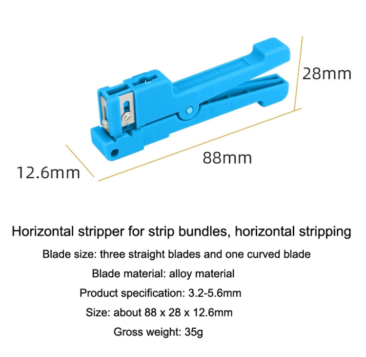 Blue horizontal cable stripper with ergonomic grip and blade guard