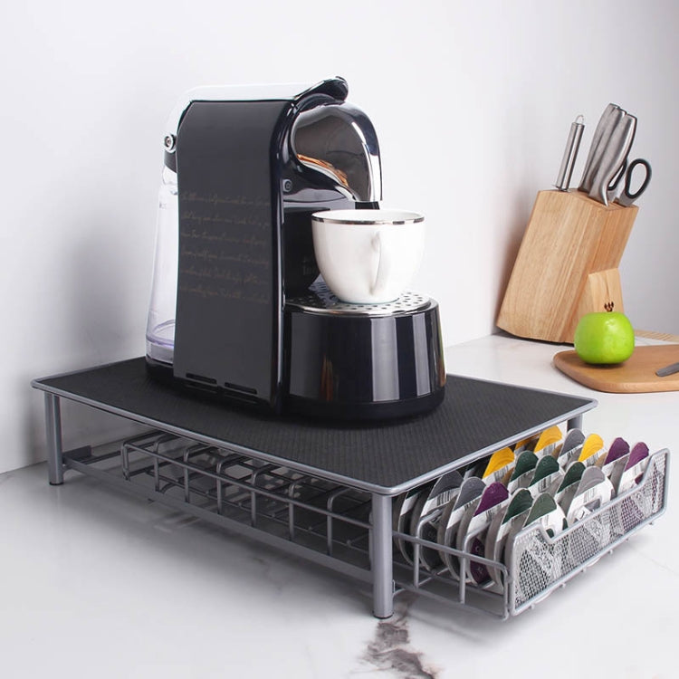 3-row coffee capsule drawer under coffee machine with black top and silver wire base
