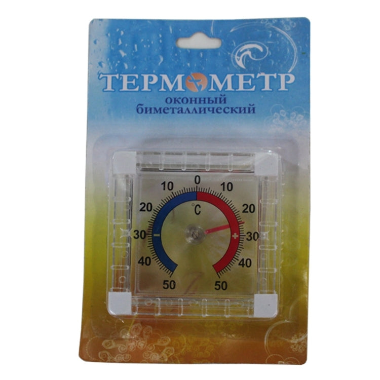 Square window door thermometer in blister packaging, C dial with red/blue temperature scale