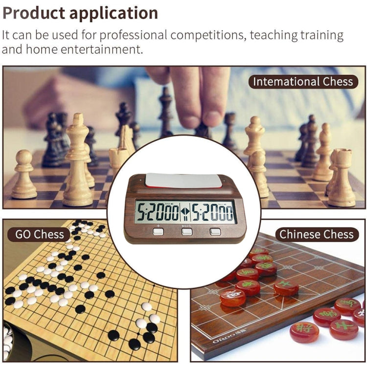 Wood-grain digital chess clock in circular inset with twin 5:2000 displays