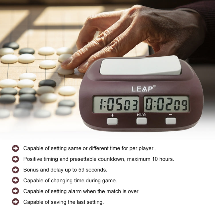 Digital chess and Go timer with dual LCD displays and white top cover in active game