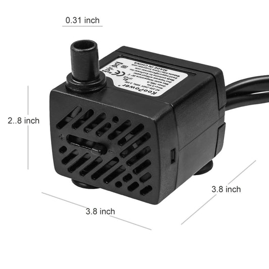 Black submersible aquarium pump with outlet tube, shown with size markers