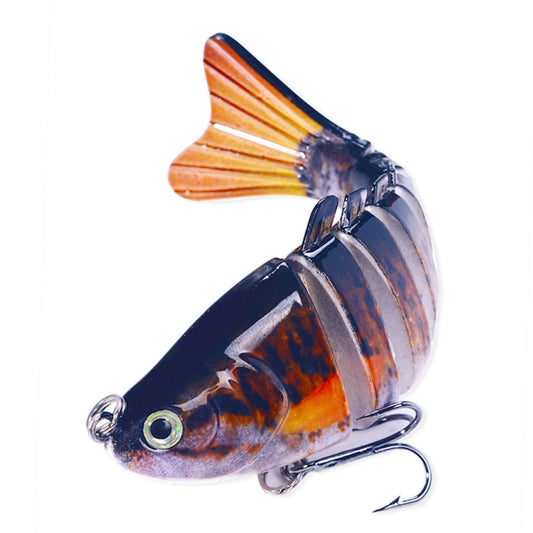 Segmented VIB minnow fishing lure in orange and dark blue with treble hooks
