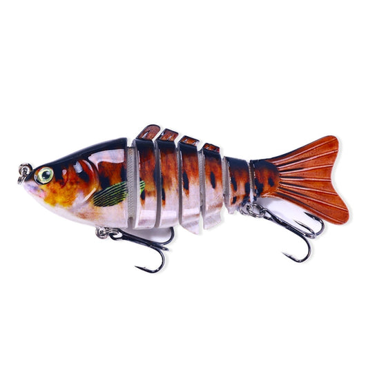 Segmented VIB minnow fishing lure in orange, brown, and silver with treble hooks
