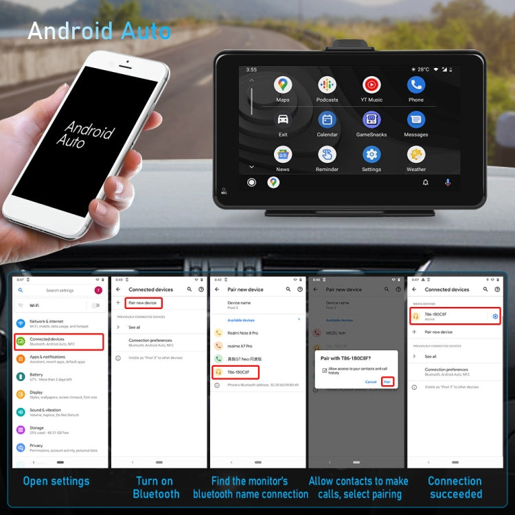 7-inch car smart screen showing Android Auto home screen with app icons and settings