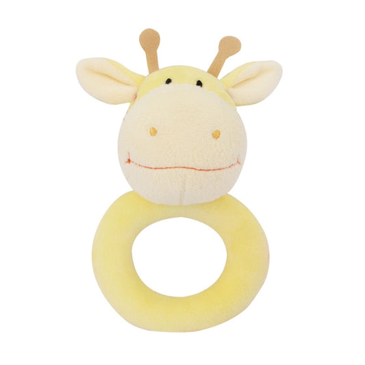 Yellow giraffe plush hand rattle with ring grip for baby
