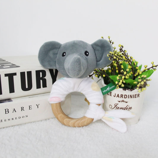 Grey elephant plush hand rattle with ring grip and soft ears