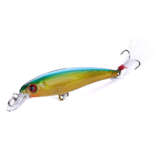 Green-yellow minnow fishing lure with red eye and clear treble hooks