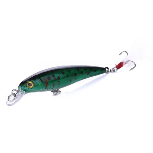 Green minnow fishing lure with black spots and silver treble hooks