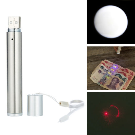 Silver rechargeable flashlight pen with detachable cap and wrist lanyard.