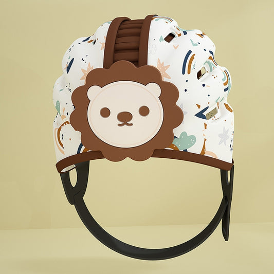 Lion-shaped baby safety helmet in brown with cartoon lion face and white patterned shell