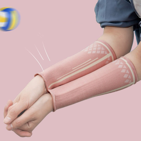 Pink knitted volleyball wrist guard sleeves with wrap-around coverage and ribbed cuffs