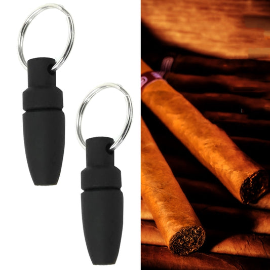Two-piece cigar puncher set with black handle and silver key ring