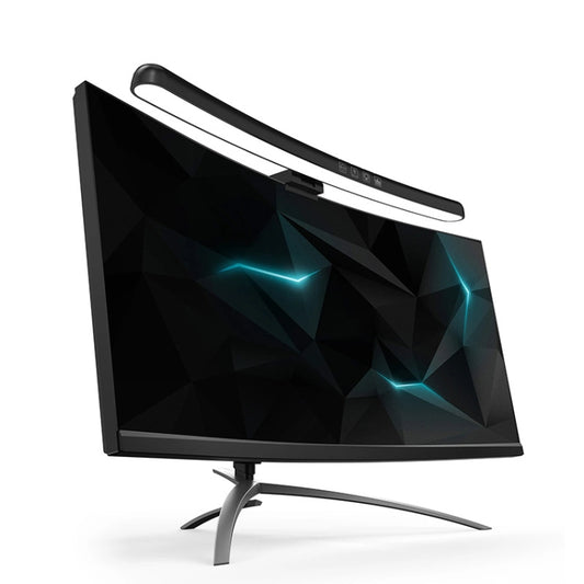 Curved monitor hanging light with white LED bar above widescreen monitor