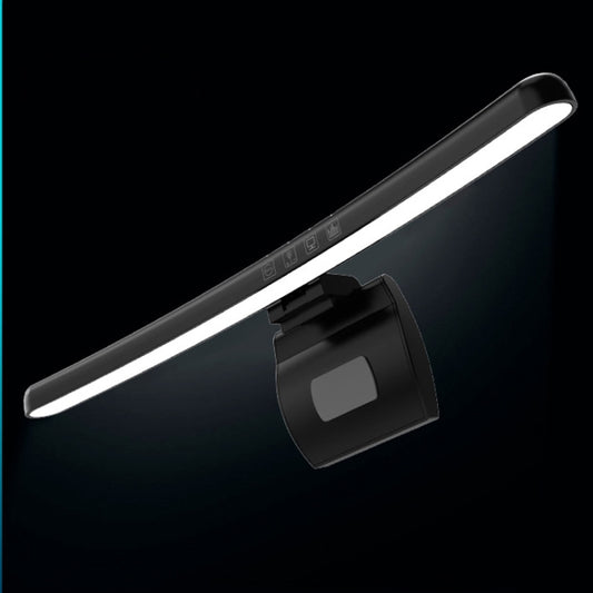 Curved monitor hanging light with white LED bar and adjustable clip mount
