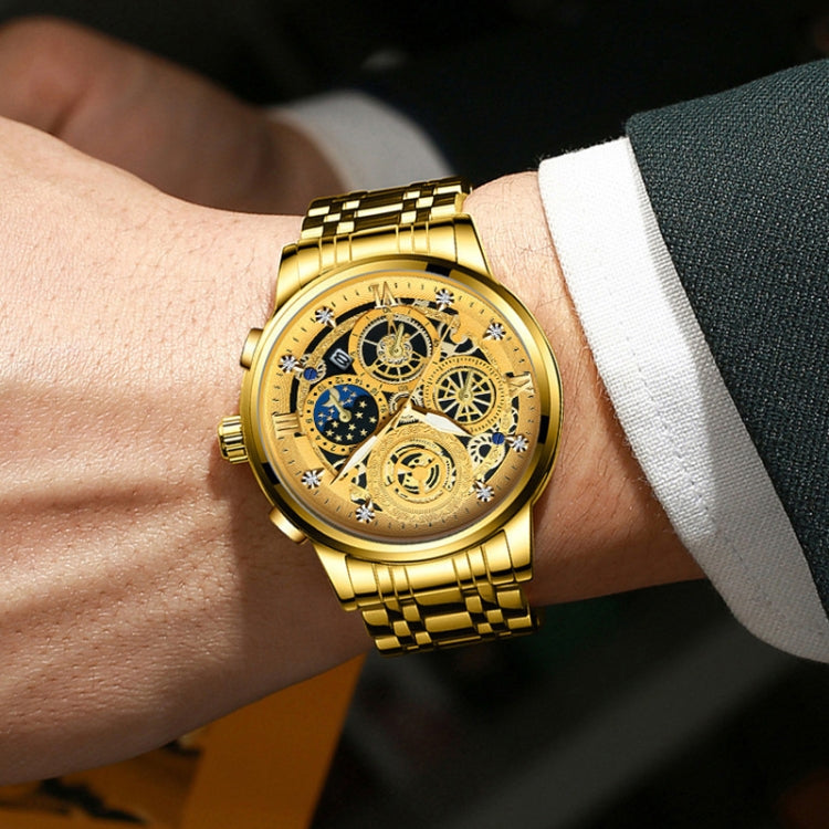 Gold-tone quartz watch on wrist with blue subdial and gold skeleton dial details