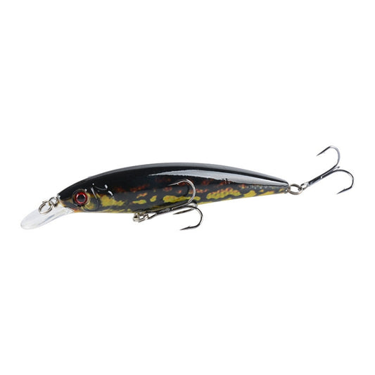 Dark brown camo painted plastic hard fishing lure with lip and two treble hooks