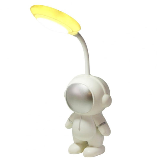 White astronaut LED reading lamp with yellow arched light head on bendable neck