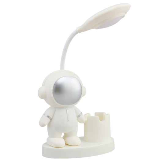 White astronaut LED desk lamp with flexible neck, pen holder base, and pencil sharpener