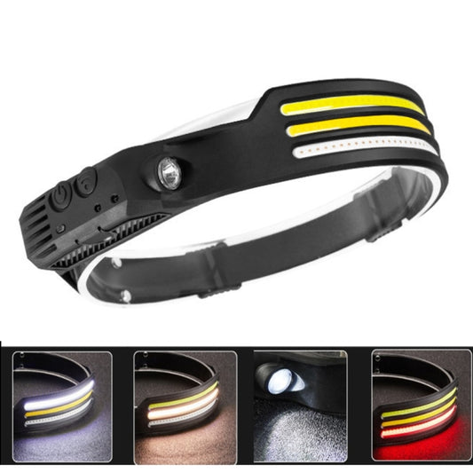 Black COB headlamp with yellow LED light bars, angled side view