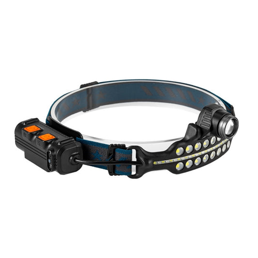 Rechargeable headlamp with black headband, blue accents, multi-LED light bar